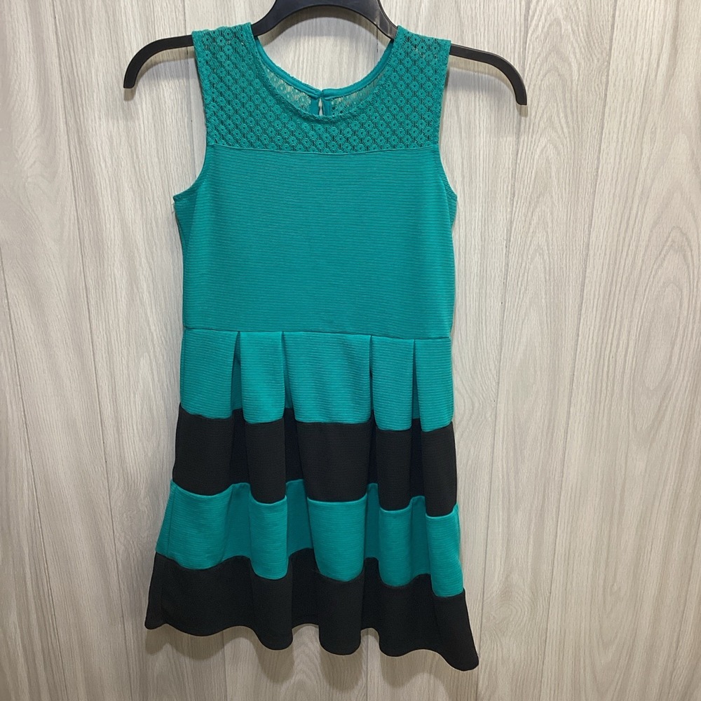 Knitworks Girls 16 Green/Black Striped Fit & Flare Knee Dress Lace Zip